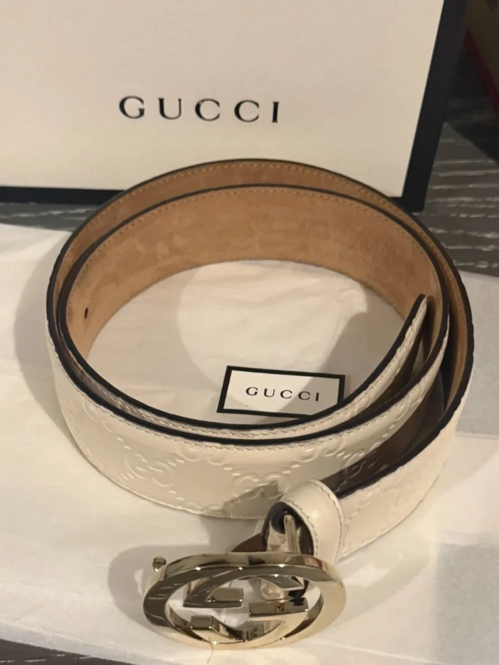 Authentic Gucci Guccissima White Leather Interlocking GG Belt Size 80/32 – 37054